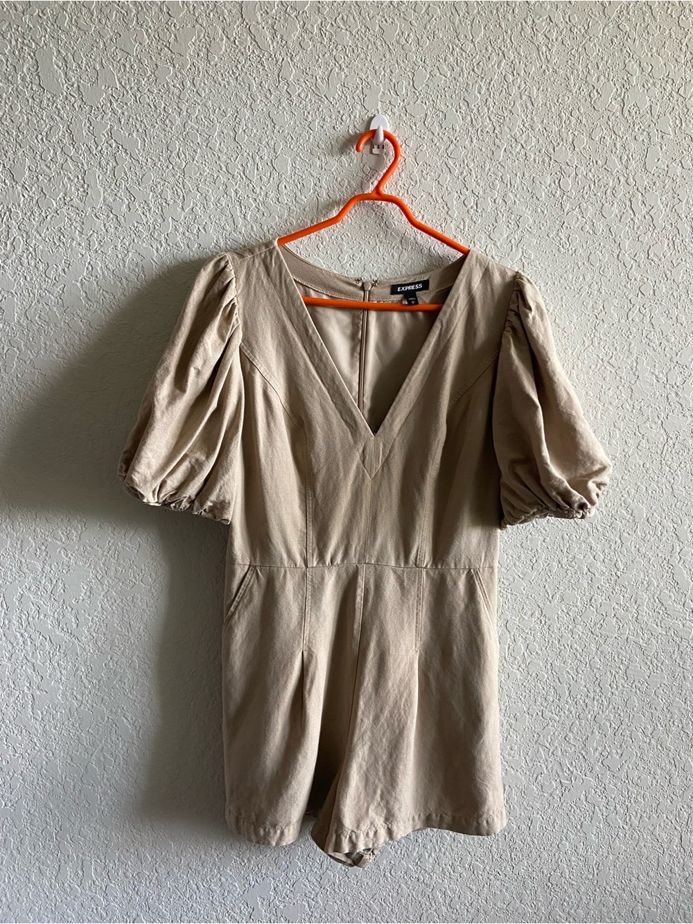Express Beige V-Neck Puff-Sleeve Romper